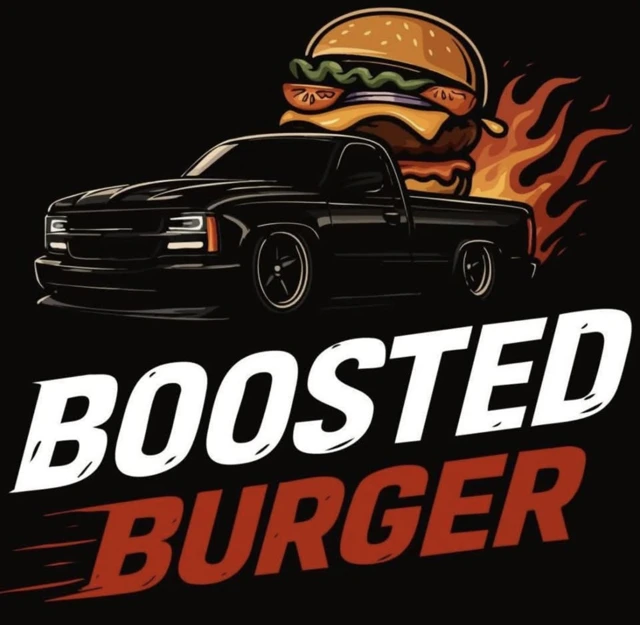 Boosted Burger truck, burger, and flames logo